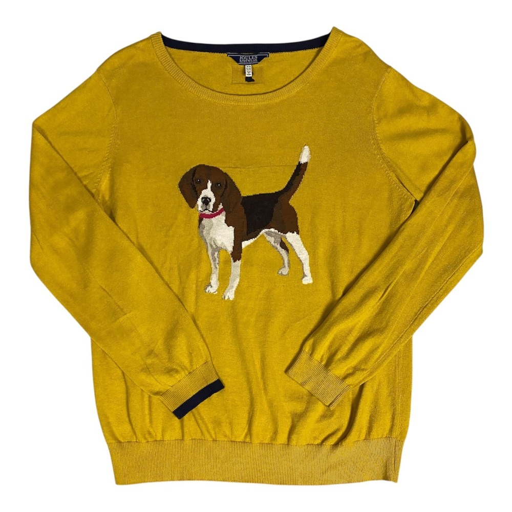 Joules Knitwear Sweater women's‎ Dog Print Crew Neck Yellow Long Sleeve Size 14